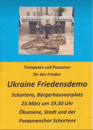 Plakat mit Abbildung von Blechinstrumenten zur Friedensdemo